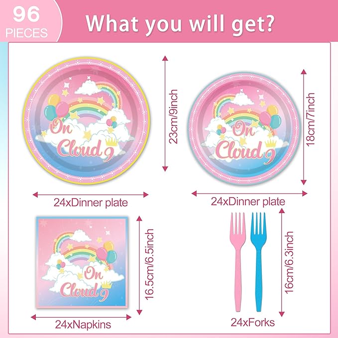 96PCS On Cloud 9 Plates and Napkins Party Supplies On Cloud 9 Birthday Decorations for Girls 9th Birthday Cloud 9 Themed Disposable Tableware Set Serve 24 Guests