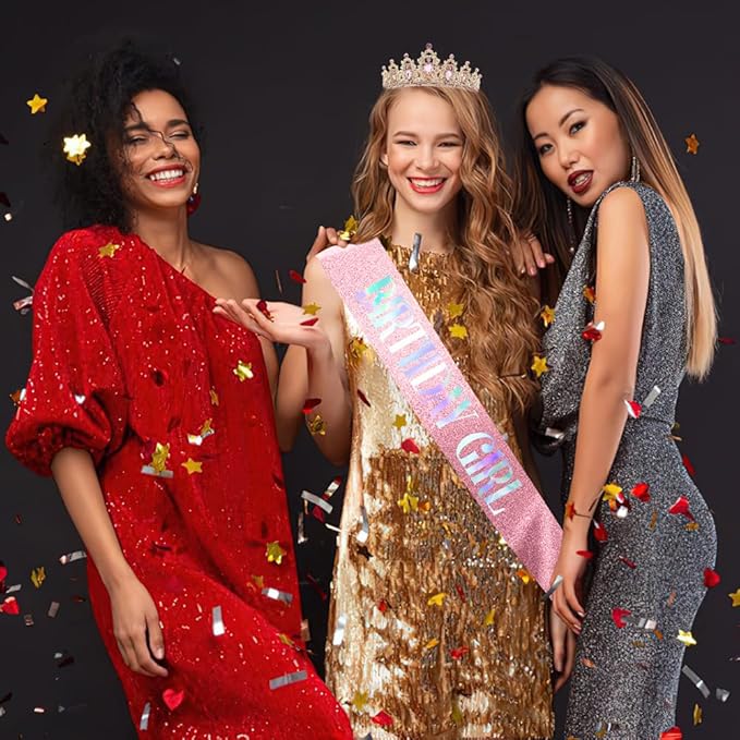 Birthday Crown and Sash Set - Princess Tiara Headband in Pink and Gold for Birthday Girl Party