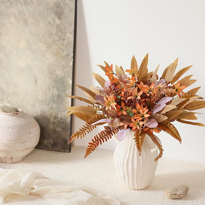 Artificial Greenery Stems Box Set for Fall Decor (Pack of 70pcs) with 8 Kinds of Faux Plants and Fake Flowers for Autumn DIY Wedding Bouquet Table Centerpieces and Floral Arrangement (Brown & Orange)