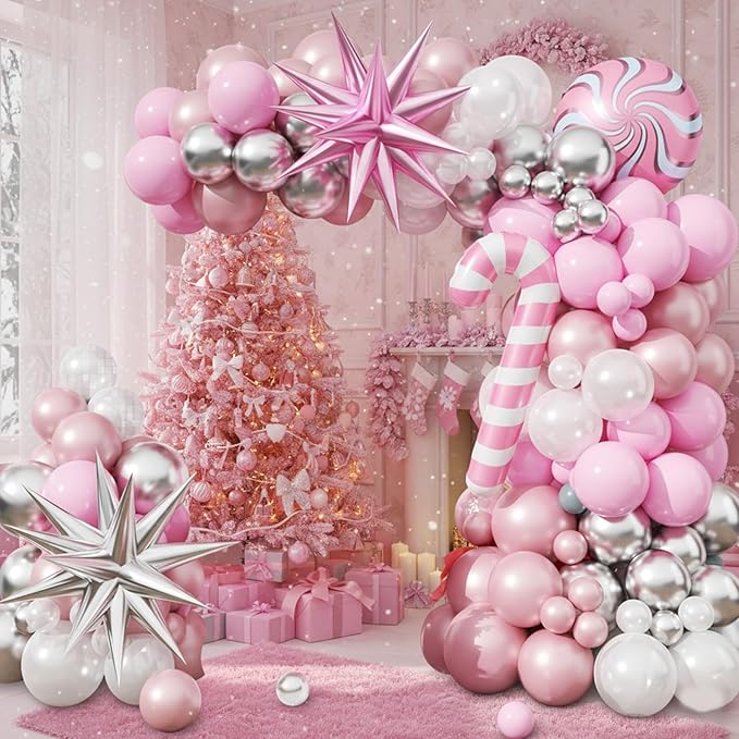 Christmas Balloon Arch Kit, Pink and White Silver Balloons Garland Arch with Double Pearl White Pink Balloons, Candy Cane Windmill Star foil Balloon for Christmas New Year Winter Decorations