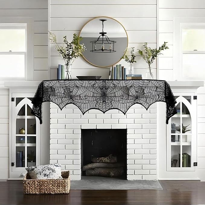Halloween Mantle Scarf - 96x18.1 inch Spider Web Fireplace Decor - Spider Web Mantel Scarf for Cobwebs Halloween Decorations - Halloweens Indoor Decorations