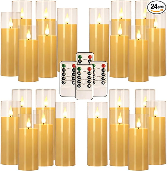 24-Pack LED Flameless Candles(14/16/18cm) with 4 Timers Remote - 3D Flickering Flame, Clear, Perfect Decor for Home & Events.