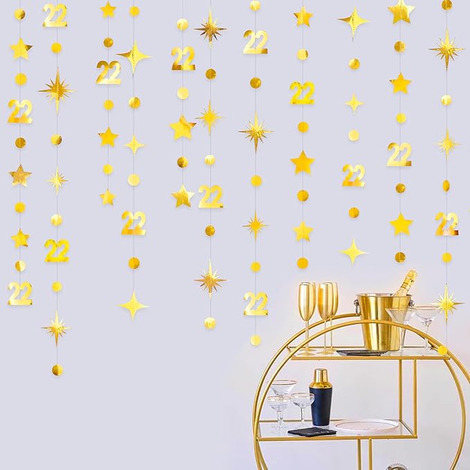 Gold 22nd Birthday Decorations Number 22 Circle Dot Star Garland Streamer Bunting Banner Backdrop for Women Mens Feeling 22 Twenty Two Years Old Birthday Happy 22th Anniversary Party Supplies