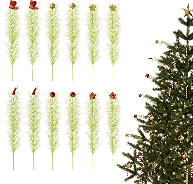 24 Pcs Christmas Tree Topper, 16 Inch Faux Pampas Grass with Ball/Star/Cap/Boot for Christmas Tree Decorations, Christmas Home Wreath Craft Decoration Supplies