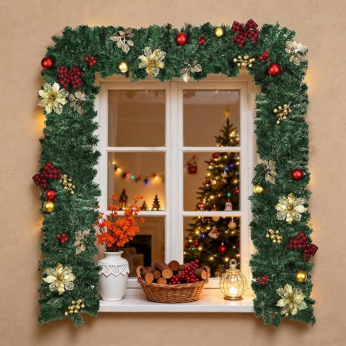 9FT Christmas Garland with Lights, Pre-Lit Garland for Christmas Decorations with, Bows, Berries, Balls, Flowers, Leaves, 50 LED Lights，Battery Powered Outdoor Indoor Christma Decorations