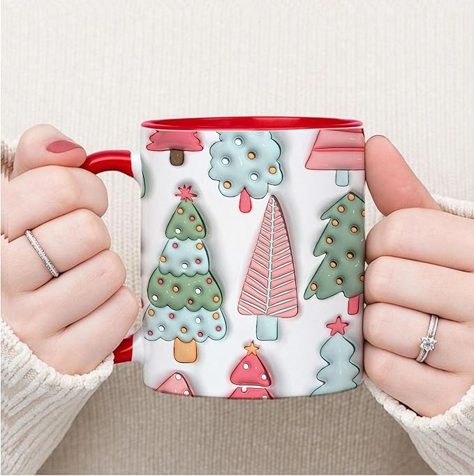 Christmas Trees Xmas 3D Inflated Mugs, Color Accent Coffee Cups, 11oz 15oz, Seasonal Gifts