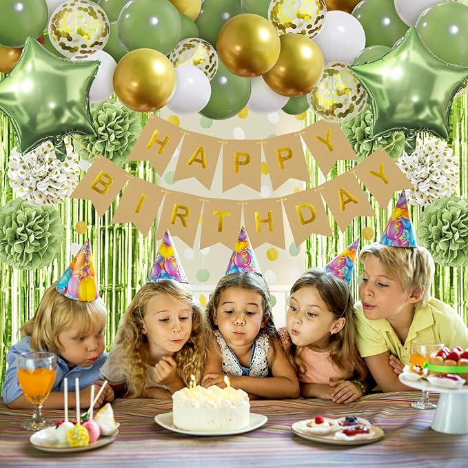 ZERODECO Sage Green Birthday Party Decorations, Olive Green Gold Pompoms Balloons Happy Birthday Banner Neutral Rustic Boho Blush Safari Botanical Greenery Décor for Baby Girls Women Party