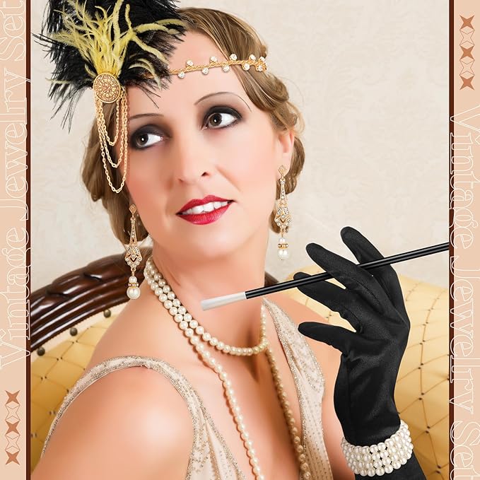Maitys 1920s Accessories Set for Women Flapper Costume Feather Headband Necklace Bracelet Earrings