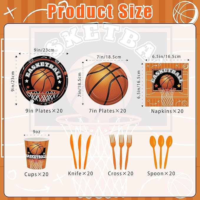 140pcs Basketball Birthday Party Supplies Basketball Sports Theme Birthday Party Supplies Tableware Set, Include Basketball Plates and Napkins Set for Boy Basketball Party Decorations Serves 20