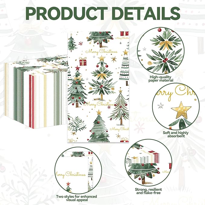 100 Pack Christmas Dinner Paper Napkins, Disposable Christmas Paper Hand Towels for Bathroom, Dinner, Kitchen & Xmas Holiday Party Supplies Xmas Guest Napkins Table Decor