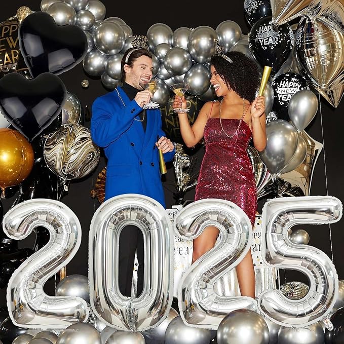 2025 Giant Silver Number Balloons - 32 Inch, Happy New Year Eve Party Supplies, New Year Decorations, Christmas & Graduation Decorations