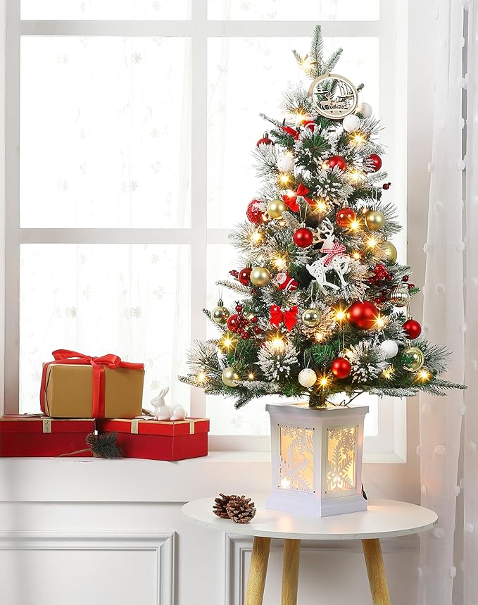 3 ft Mini Christmas Tree with Premium 78 Warm White Led, 8 Mode Xmas Pine Tree for Christmas Decoration, Party Decoration, Home, Office, Snow Flocked White Base 2 Pack