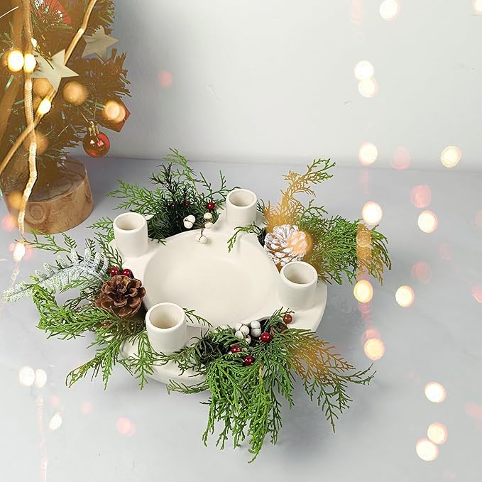 Ceramic Advent Wreath Candle Holder - 4 Taper Candlestick Seats, Ivory Modern Candle Stand for Christmas Holiday Home Party Kitchen Table Decor (Without Candles)
