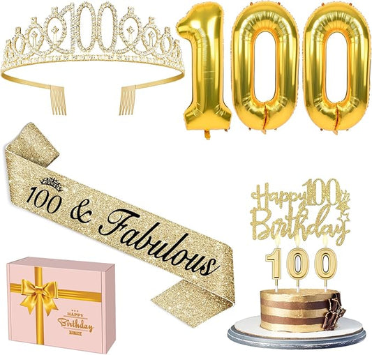 100th Birthday Decorations Women Gold with Crown and Sash, Candles and Cake Topper, Number Balloons, Happy 100th Birthday Party Gifts Supplior
