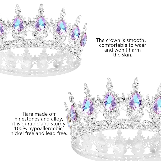 Queen Crown Rhinestone Wedding Crowns and Tiaras for Women Costume Party Hair Accessories Princess Birthday Crown Crystal Bridal Crown (Silver Crown-Violet)
