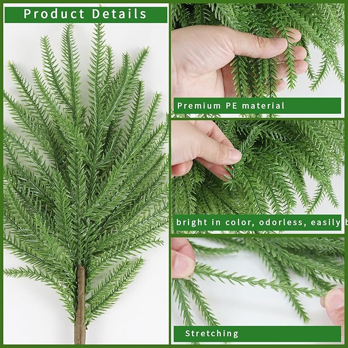 Christmas Norfolk Pine Branches-12pcs,18inch Long,Artificial Pine Stems Faux Christmas Greenary Norfolk Pine Branch for Vase DIY Crafts Xmas Wreath Garland Indoor Outdoor Home Decoration