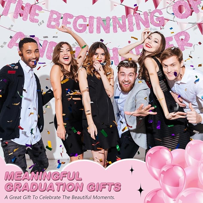 Fulmoon Pre Strung the Beginning of a New Chapter Banner, Glitter Graduation Party Decorations, Happy Retirement Supplies, Going Away Farewell New Home Job Change Party Sign Garland(Pink)