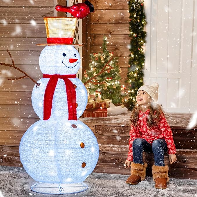 NALONE 4FT Lighted Snowman Christmas Decoration, Cool White Collapsible Snowman with LED Lights and Timer for Outdoor Yard Home