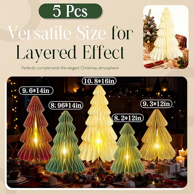 5Pcs Large Christmas Table Decorations Paper Christmas Trees, Light Up Honeycomb Xmas Tree Centerpieces for Tables for Christmas Frozen Winter Wonderland Party Vintage Home Decor, 12/14/16 Inch