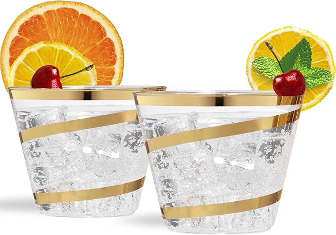 Perfect Settings 110 Gold Swirl Clear Plastic Cups 9 Ounce - Holiday Wedding Party Elegant Trimmed Disposable Cups - Fancy Wedding Cups