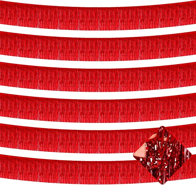 6 Pack 10 Feet Foil Fringe Garland Metallic Tinsel Streamers Banner Wall Hanging Curtain Backdrop for Parade Floats, Bachelorette, Wedding, Birthday, Halloween, Christmas Party Decorations(Red)