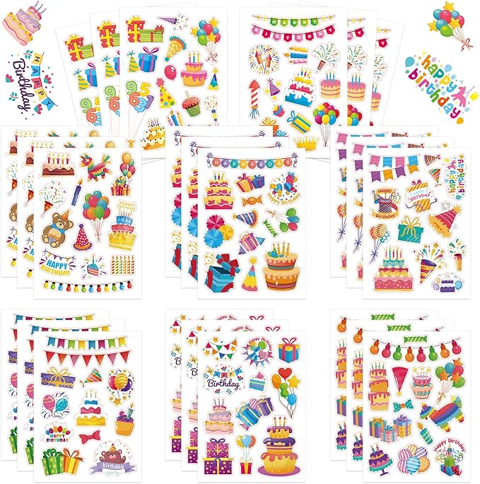 24 Sheets Happy Birthday Stickers - 320PCS Balloon Cake Present Stickers for Birthday Party Decorations Craft Scrapbooking Water Bottles Gifts Bags Cards Decor