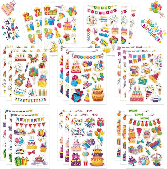 24 Sheets Happy Birthday Stickers - 320PCS Balloon Cake Present Stickers for Birthday Party Decorations Craft Scrapbooking Water Bottles Gifts Bags Cards Decor