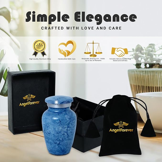 Small Keepsake Urn for Human or Pet Ashes – Handcrafted Light Blue Marble Mini Urn with Velvet Bag & Gift Box | Durable Metal Memorial Token Jar for Baby, Infant, Pet or Loved One – 3 Cu in
