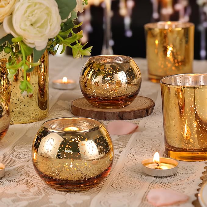 Volens 30pcs Assorted Gold Votive Candle Holders Bulk, Large Gold Wedding Centerpieces for Tables, Mercury Glass Votive & Tealight Candle Holders for Party Decorations and Home Decor