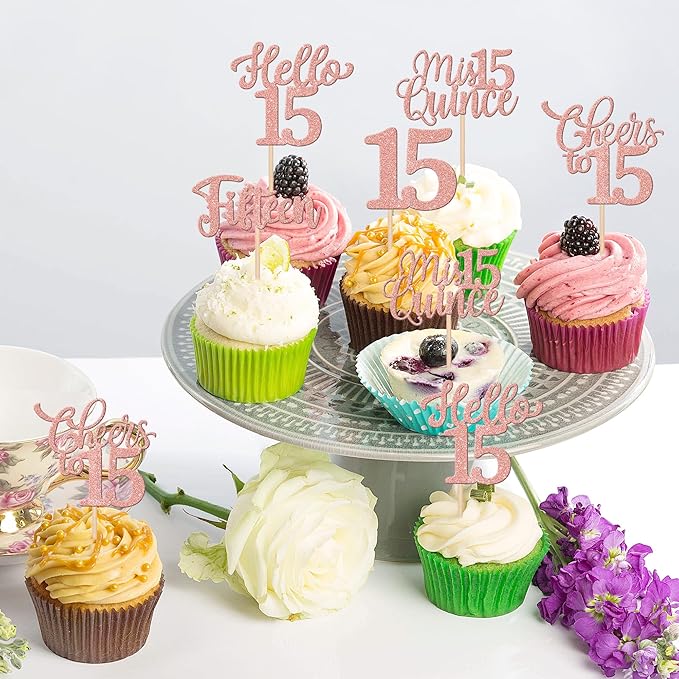 30PCS Happy 15th Birthday Cupcake Toppers Glitter Fifteen Mis Quince Hello 15 Cupcake Picks Cheers to 15 Birthday Decorations for 15th Birthday Anniversary Party Cake Decoration Supplies Rose Gold