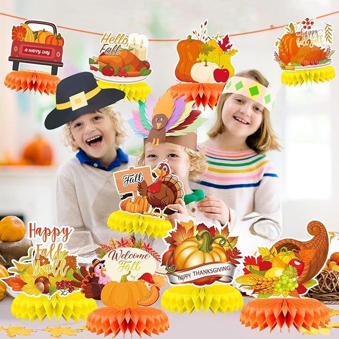 9Pcs Fall Centerpiece Table Decorations Fall Party Decorations Thanksgiving Table Centerpiece Turkey Centerpiece Pumpkin Honeycomb for Thanksgiving Table Decoration Autumn Birthday Party Supplies