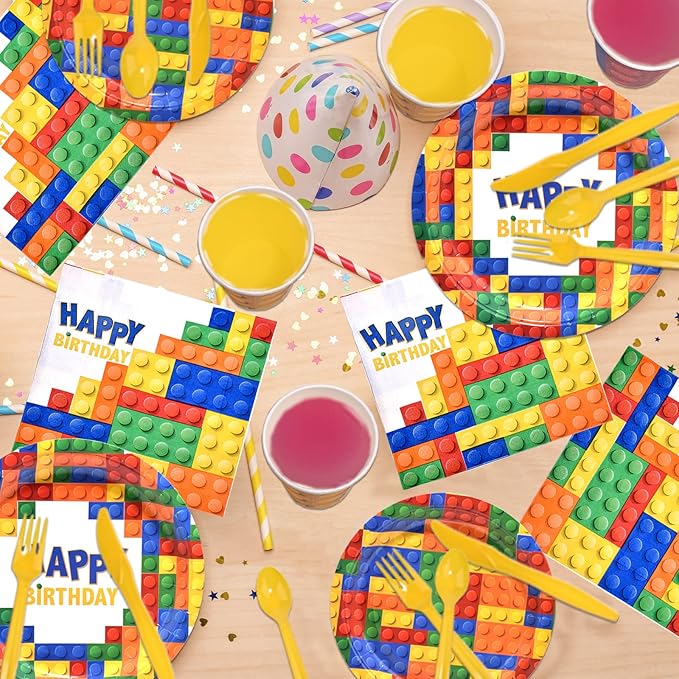 Dylives 180 Pcs Building Block Party Supplies - Birthday Party Decorations Kids Boys Disposable Tableware, Colorful Block Banner, 9" & 7" Plates Napkins Cups Cutlery, Serves 24