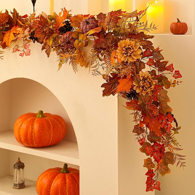 Fall Decor,6 FT Fall Garland for Mantel,Table Centerpiece, Home Porch Fireplace,Door, Lighted Autumn Decoration with Maple Leaves, Pumpkins,Flowers, Pinecones for Thanksgiving, Christmas