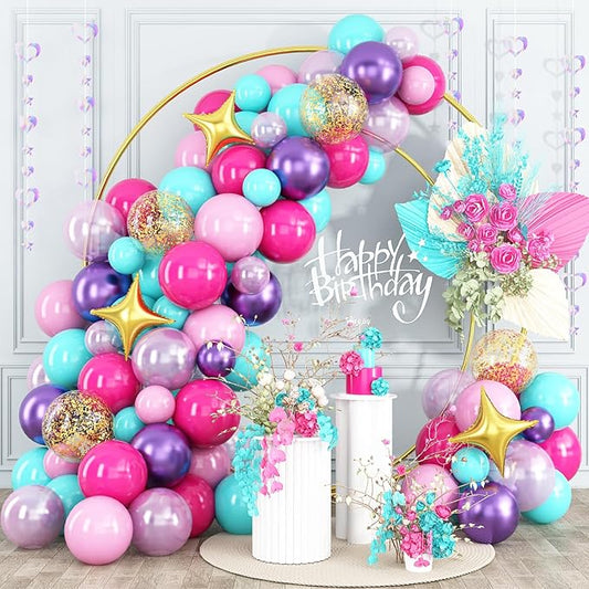 Pink Purple Blue Balloon Arch Kit Teal Hot Pink Metallic Purple Party Latex Balloon Garland with Confetti and Star Foil Balloons for Girls Princess Birthday Baby Shower Neon Party Decorations