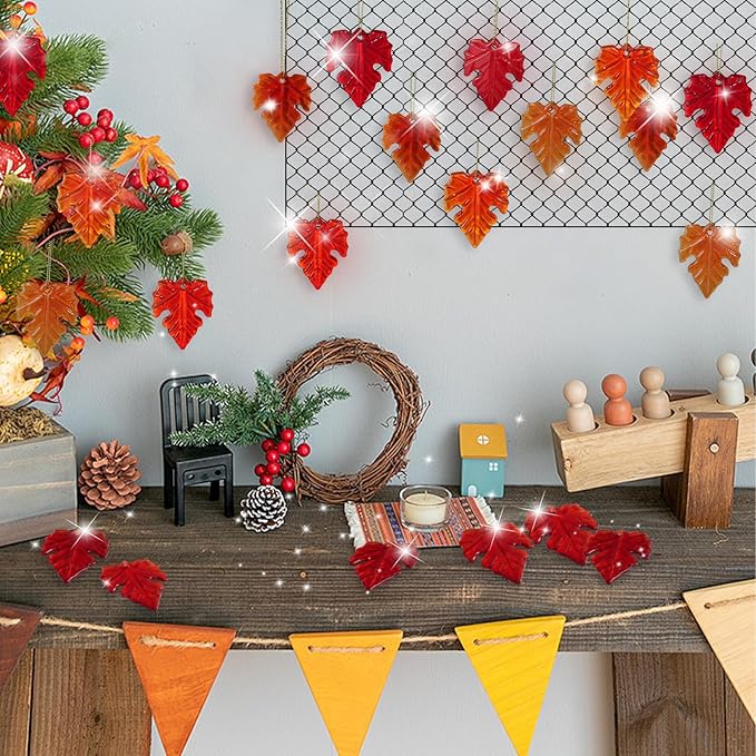 12Pcs Fall Thanksgiving Glass Maple Leaf Ornaments Small Tree Hanging Glass Ornament for Thanksgiving Party Hanging Decor Tree Decor Autumn Fall Harvest Farmhouse Home Decorations