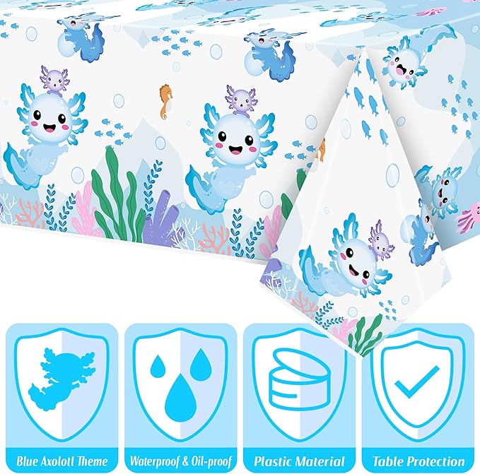 Blue Axolotl Party Decoration - Serves 24 - 112Pcs Cute Cartoon Axolotl Party Supplies, Animals Disposable Plate Napkin Forks Tablecloth Banner Card, for Kids Boy Birthday Baby Shower