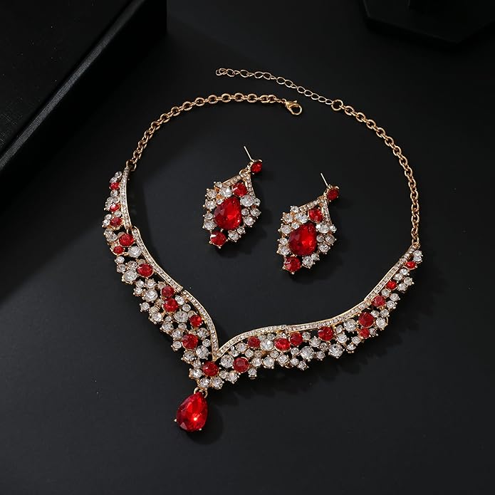 Tiaras and Crowns for Women,Tiaras Earrings Necklace, Crystal Bridal Jewelry Set (Red)
