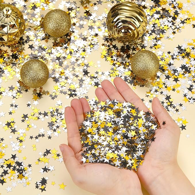 Hestya 60g Star Confetti Glitter Table Confetti Metallic Foil Stars for Christmas Party Wedding Festival Decorations(Silver Gold Black,10mm and 6mm)