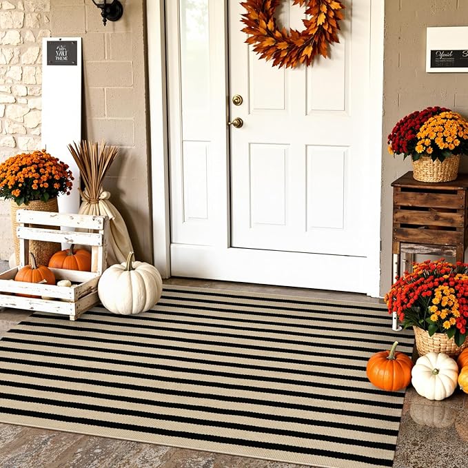 KIMODE Black and Khaki Striped Fall Outdoor Rug 27.5"x43", Washable Outdoor Front Porch Rug, Hand Woven Welcome Layered Door Mat for Entryway Front Door Autumn Pumpkin Decor