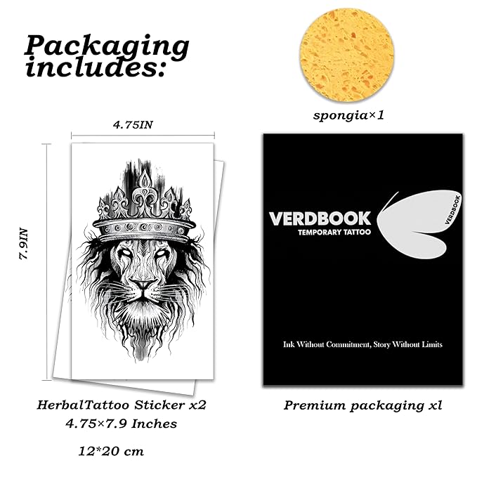 Waterproof Temporary Tattoos: 2-Sheet Tattoo Kit with Realistic Body Stickers, Semi-Permanent Tattoos for Adults Lasting 7-15 Days – Safe for Men & Women,Crown Lion