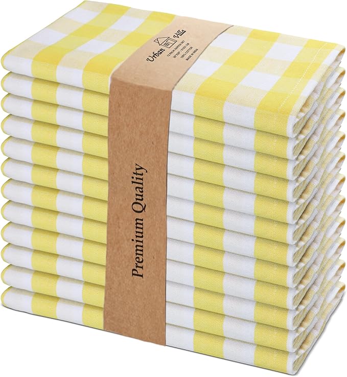 Urban Villa Easter Cloth Napkins 100% Cotton Dinner Napkins Highly Absorbent 20x20 Inches (Set of 12) Yellow White Buffalo Checks Reusable Washable Soft Durable Napkins Ideal for Home Wedding Parties