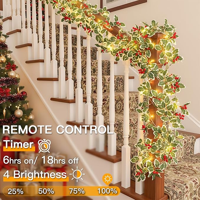 suddus 40 LED Christmas Fairy Lights Battery Powered,12.5ft Vine String Lights with Red Berries & Holly Leaf Timer Remote, Artificial Garlands for Fireplace, Bedroom,Porch,Door,Table,Stairs,Xmas Decor