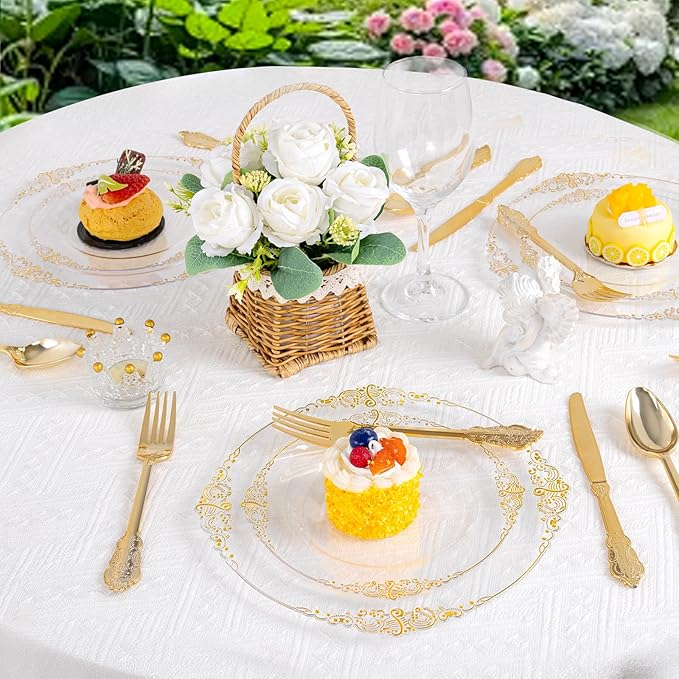125PCS Clear Gold Plastic Plates - Fancy Clear Disposable Plates - Thanksgiving Plate with Gold Plastic Silverware Set for 25 Guests for Party & Wedding & Holiday