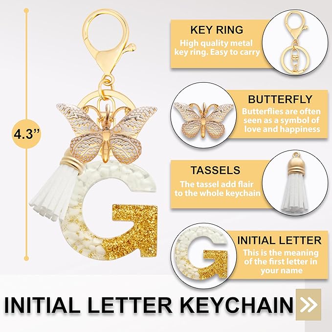 Initial Letter Keychain, Butterfly Keychain Cute Resin, Initial Keychain Backpack Charms, Key chain for Women, Girls