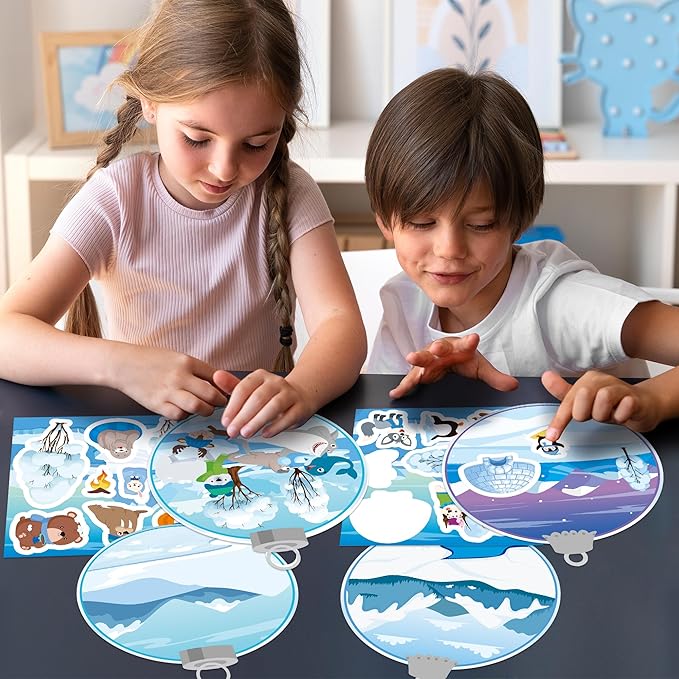 CY2SIDE 12 Set Winter Polar Animal Sticker Scene for Kids Make A Winter Scene with Polar Animals Make Your Own Snowy Bear Sticker Craft DIY Art Crafts for Kids Holiday Class