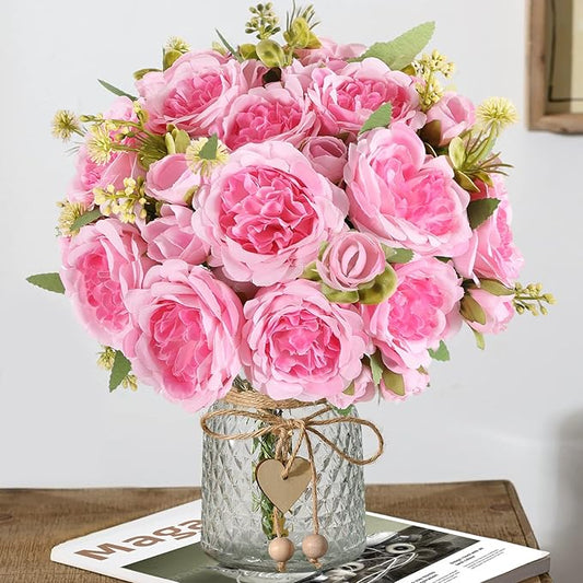 Artificial Peonies Silk Flowers Bouquets: Faux Peony Bouquet 8 Bundles, Fake Peonies Flowers Bulk for Centerpiece Table Wedding Party Home Decor for Vase Decoration (Pink)