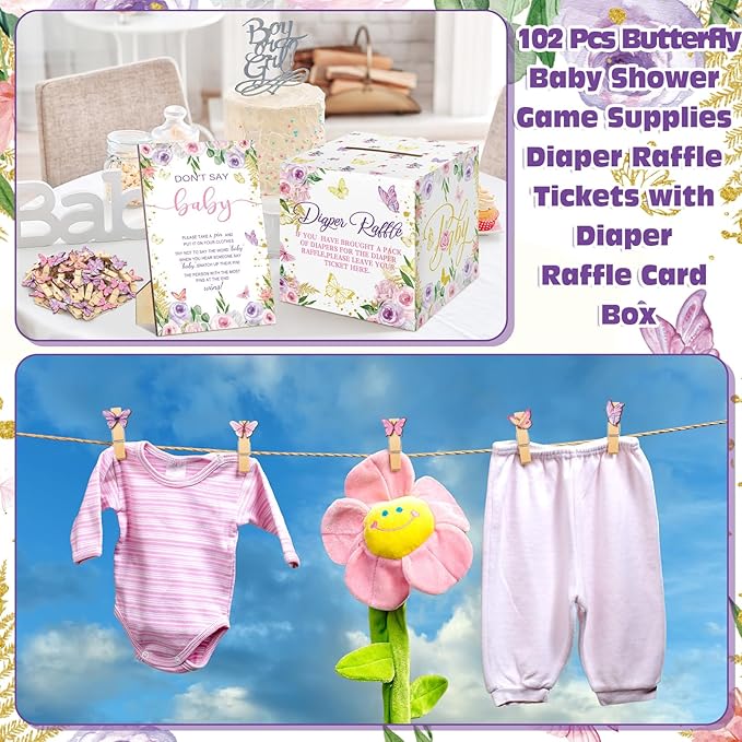 102 Pcs Butterfly Baby Shower Game Supplies Diaper Raffle Tickets with Diaper Raffle Card Box Don't Say Baby Sign Mini Butterfly Clothespin Game Decor for Gender Reveal Favor