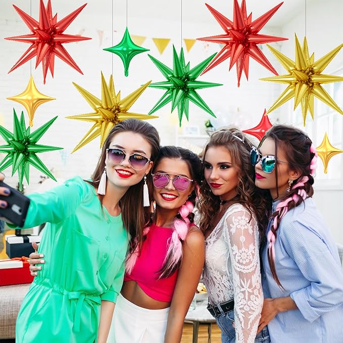 18 Pcs Red Green Gold Star Balloons, Christmas Stars Foil Balloon with 6 Pcs 22-Inch Explosion Star Balloons 12Pcs 10-Inch Four Pointed Stars Balloon for Christmas Birthday New Year Party Decor