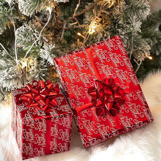 WRAPAHOLIC Reversible Vintage Christmas Wrapping Paper - Mini Roll - 17 Inch x 33 Feet - Black Jolly Santa Wrapping Paper and Red Merry Christmas Design with Metallic Foil Shine for Holiday, Party