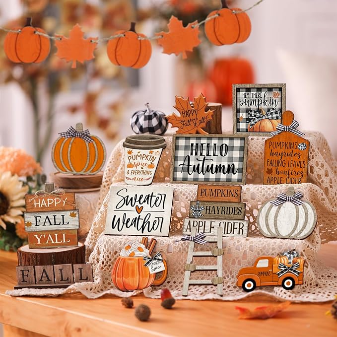 21 Pcs Fall Thanksgiving Tiered Tray Decoration Set Thanksgiving Table Sign Pumpkins Farmhouse Gnome Maple Leaves Centerpieces Harvest Wood Blocks Signs Fall Block Tabletop for Autumn